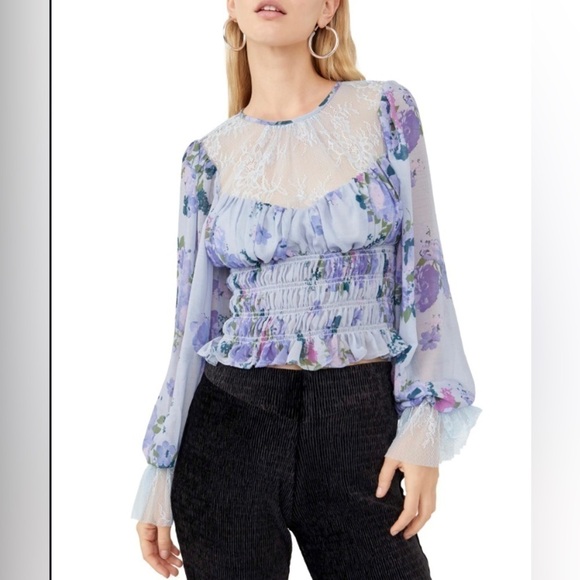 NEW Free People Daphane Blue Floral Print and Llace Top - Picture 1 of 9